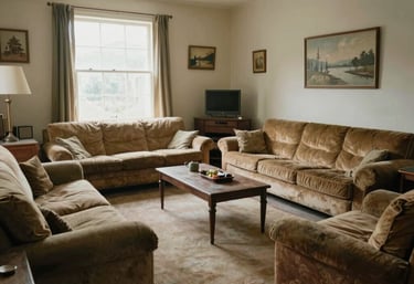 Vintage living room with brown velvet sofas, wooden coffee table, and landscape wall art.