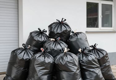 A pile of heavy-duty black plastic trash bags filled with waste stacked outside a white garage.