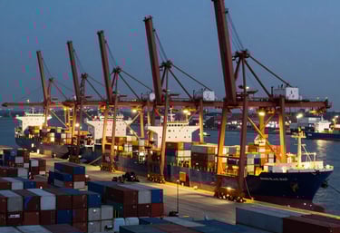A panoramic view of a busy Polish sea port at twilight, with large container ships and illuminated cranes, representing advanced logistics and international trade.
