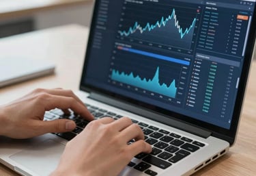 A close-up shot of hands typing on a high-end laptop with professional financial software open, showing complex analytics and blue-toned charts in a bright Polish office.