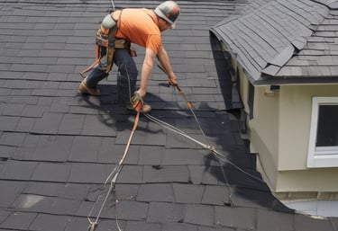 Close-up of a professional repairing or fixing a shingle roof on a residential home
