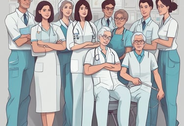 A diverse group of healthcare professionals in scrubs smiling confidently.