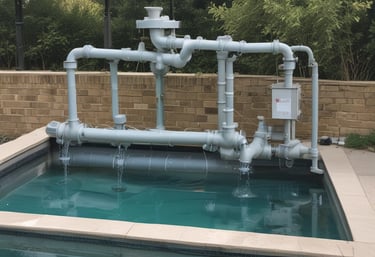 Close-up of sparkling pool accessories like skimmers and cleaning nets arranged on display.