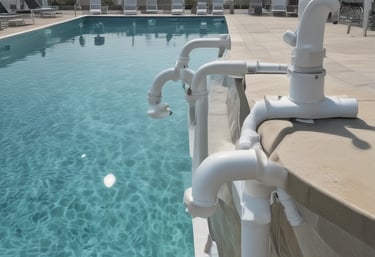 Close-up of sparkling pool accessories like skimmers and cleaning nets arranged on display.