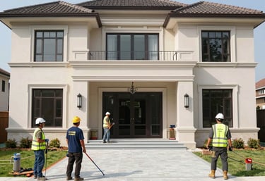 A skilled construction team installing smart home technology in a modern living room.