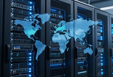 An abstract photography shot of a modern data center with glowing blue LED lights, representing Global / Tech Industry digital infrastructure, with Dark Navy shadows.