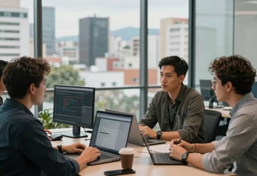 A group of professional software developers having a focused stand-up meeting in a modern glass-walled office with a view of a Latin American metropolis.