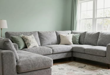 A tranquil and clean North American home interior featuring a bright living room with soft warm grey furniture and pale sage green decor, symbolizing comfort and quality home care.