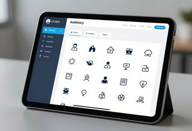 A sleek digital interface displayed on a tablet screen showing a directory of audiology icons. Professional, clean office setting with a calming #A7C9D6 and #1A2C38 color scheme.