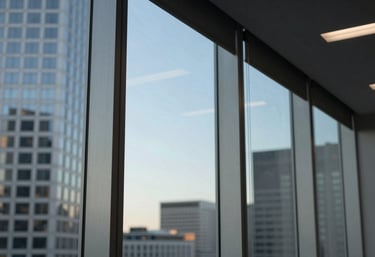 A close-up of a glass-walled conference room in a North American / US financial district, reflecting the pale steel blue of the morning sky.