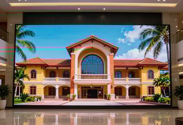 A wide professional shot of a large, vibrant indoor LED wall display in a corporate lobby, perfectly calibrated and glowing, South American architecture style.
