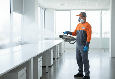 Professional sanitizing technician using an electrostatic fogger for office disinfection services.