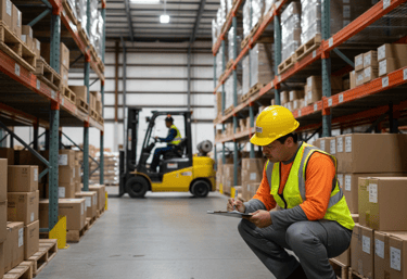 Exterminator in a safety vest taking inventory near a forklift and high pallet racks.