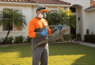 Professional wildlife control expert holding a trapped monitor lizard in a cage on a residential lawn.