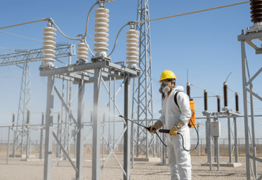 Worker in hazmat suit cleaning electrical insulators at a power substation with high pressure spray.