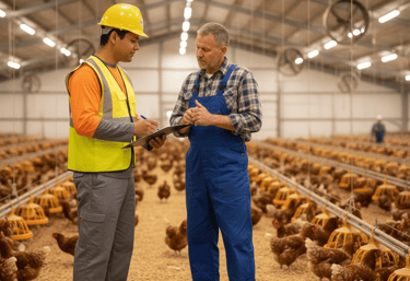 Two agricultural workers inspect an indoor poultry farm facility with brown chickens and automated feeding systems.
