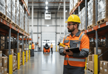 A logistics worker in safety gear performing inventory management in a warehouse aisle.