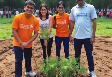 A group of diverse Indian community members collaborating outdoors in a green urban neighborhood.