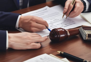 Legal books and a gavel resting on a polished wooden desk.