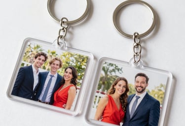 Hand holding a sleek keychain featuring a memorable photo from a glamorous event.