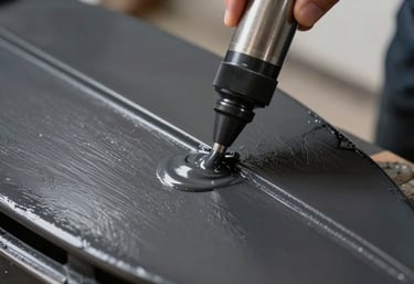 A close-up of a finished iron surface being treated with a rust-proof coating, with a smooth, semi-matte charcoal black finish reflecting soft industrial light.