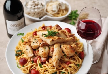 A cozy home kitchen scene with a rustic wooden table set for a Saturday night dinner, featuring a creamy chicken dish, fresh salad, and soft candlelight.