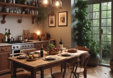 A warm, inviting home kitchen with a rustic wooden table set for a relaxed Saturday dinner, featuring soft lighting and fresh ingredients.