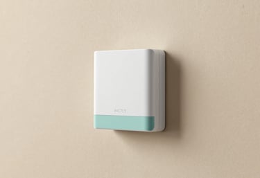 Minimalist view of a high-tech smart sensor device mounted on a parchment-colored wall, sleek and modern with #4C7C9D accents.