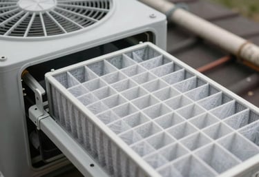Close-up of clean air filters being replaced in a modern HVAC system within a North American / US residential attic. Professional and efficient atmosphere.
