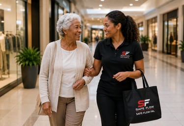 A smiling caregiver assists a senior woman walking through a shopping mall with a Safe Flow Pal shopping bag.