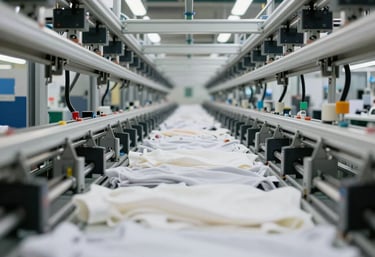 Photography of a clean, organized garment assembly line with automated rails overhead, showing a high level of industrial efficiency in a Brazilian factory.