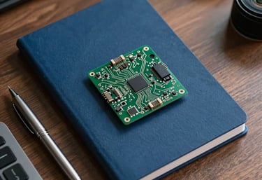A stylized top-down view of an engineer's desk with a deep blue notebook, a sleek silver pen, and a high-tech circuit board prototype.