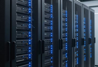 A row of high-tech industrial servers and control units in a data center with blue LED indicator lights glowing in the dark.