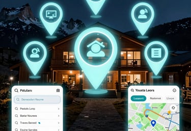 A cozy cabin by a serene lake in Patagonia, with a smartphone showing automated WhatsApp CRM messages.