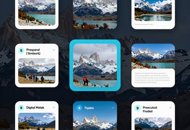 A modern hotel lobby with panoramic views of Patagonian mountains and a sleek digital booking interface.