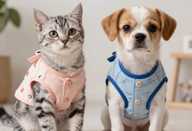 Un lindo gato atigrado y un pequeño cachorro con chalecos coloridos para mascotas sentados juntos.
