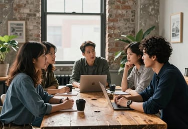 A group of creative professionals brainstorming around a rustic wooden table in a sunlit North American loft office.