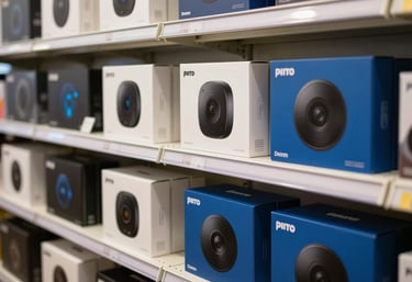 A modern retail shelf display in a North American / US tech store, featuring sleek computer peripherals in original off-white and royal blue packaging.