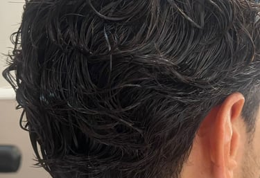 Back view of a man with short, dark curly hair styled with wet-look hair product.