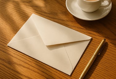 A single, closed, heavy-stock cream linen envelope resting centrally on a polished warm oak desk