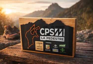 Wooden mountain race trophy for La Pedestre trial run with scenic sunset peak background.