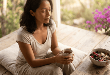 Mujer relajada disfrutando de un momento de meditación, para despues tomar el desayuno