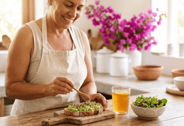 Mujer preparando un toast de aguacate, ensalada y kombucha