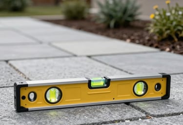 A focused shot of a construction level resting on a freshly laid stone surface in a luxury residential garden in North America.