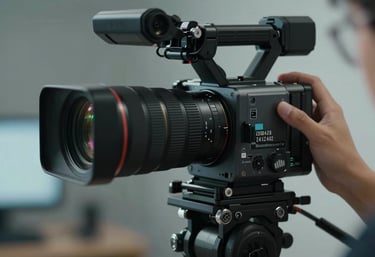 Close up of a technician's hand adjusting a professional broadcast camera lens in a studio, cinematic lighting with #0D1A2F and #7F94AB highlights.