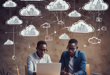 A africanteam of cybersecurity experts collaborating over digital security plans in a modern office.