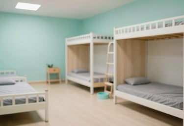 An organized pet boarding space, modern and minimal, with clean beds and bowls, reflecting a sense of safety and trust, colored with #A7C9A7.