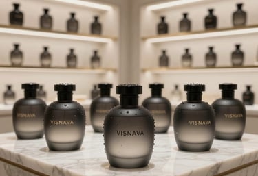 Close-up of artisan hands carefully blending rare fragrance oils in a softly lit studio.