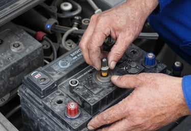 A mechanic carefully inspecting a car engine in a bright garage.