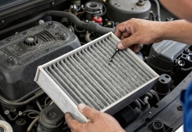A mechanic carefully inspecting a car engine in a bright garage.
